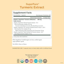 Pure Synergy USDA Extracto orgánico de cúrcuma superpuro (60 cápsulas) triple extracto con curcumina, turmeronas