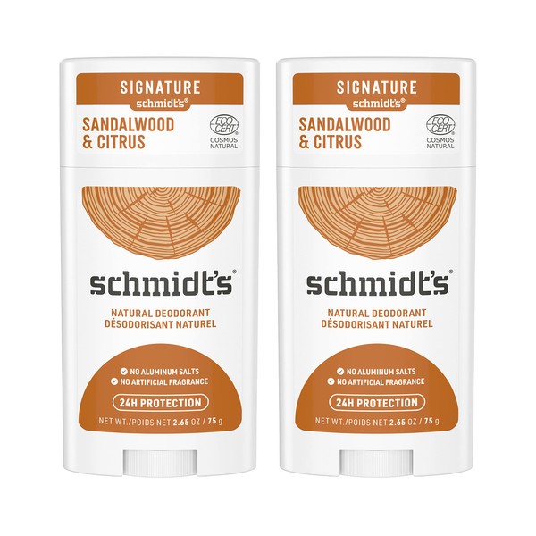 Schmidt's Aluminum Free Natural Deodorant for Women and Men, Sandalwood and Citrus with 24 Hour Odor Protection, Certified Natural, Vegan, Cruelty Free, 2.65 oz Pack of 2