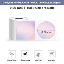 SUPVAN Katasymbol T50M Pro Label Tape Paper, Waterproof Labels for Home, School, Office, Diameter 50 mm, 140 Labels/Roll (Purple)