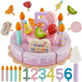 HERSITY Wooden Birthday Cake Toy Play Food Sets, Pretend Baking Kitchen Playset for Toddlers, Afternoon Tea Party Cake Toys Gifts for 3 4 5 Years Old Kids Girls Boys
