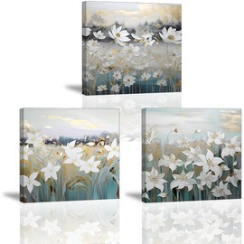 Piy Painting 3-Piece Wall Art Modern Picture Set 30 x 30 cm Elegant Flowers Picture Canvas Painting Flower Pictures Wall Decoration Home Decor Wall Art with Wooden Frame for Gifts, Yoga Room Living