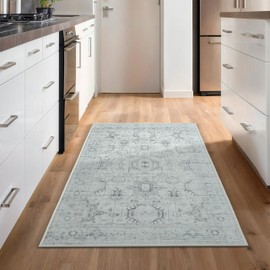 GLN Rugs Bohemian Collection - Machine Washable Area Rug, Bohemian Vintage Washable Rug, Non Slip Area Rug, Low Pile Chenille Living Room Rug, Bedroom Rug, Bathroom Rug (2'6"x7' Beige and Gray Rug)