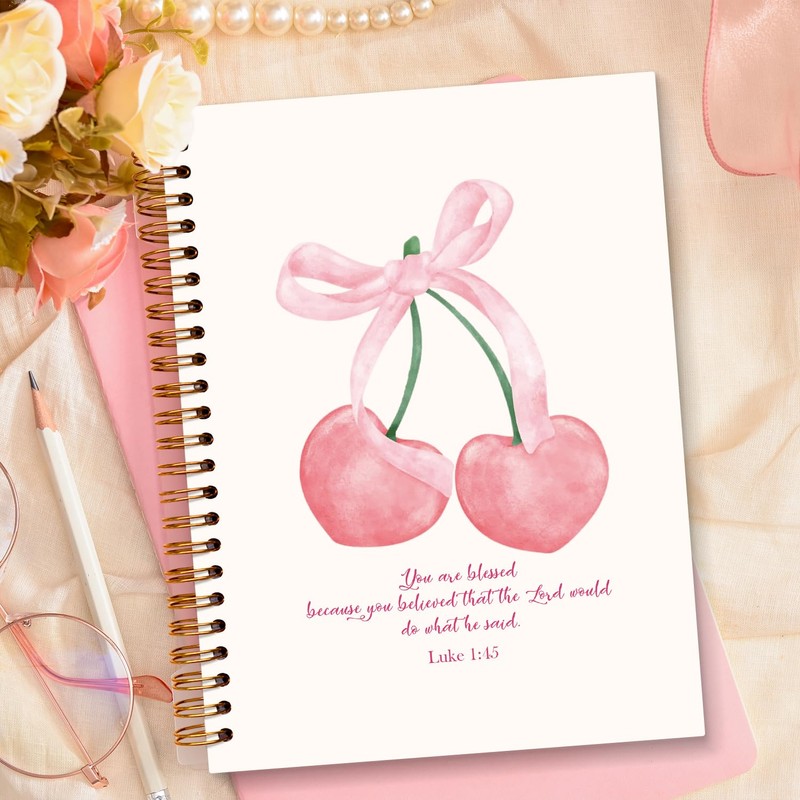 JXREQ Coquette Pink Cherry Bow Christian Notebook, Luke 1:45 Bible