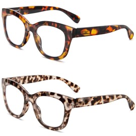 REAVEE 2 Pack Stylish Oversized Blue Light Blocking Computer Glasses for Women, Ladies Non-Prescription Fake Eyeglasses Frames Spring hinge(Brown Leopard/Grey Leopard 0.0x)