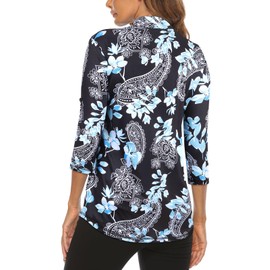 Koscacy Bowling Shirts for Women, Running Sports Tennis V-Neck Lightweight Casual Zipper Shirts Golf&Tennis Outdoors Sports Colthes for Teens Black Blue Floral Medium