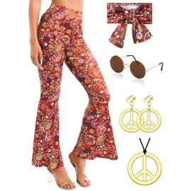 YADODO Hippie Kostüm Damen Hose Set Hippie Schlaghose Damen Hippie Accessoires 60er 70er Jahre Outfit Damen Party Boho Hippie kleidung Damen Hosen 70er Jahre Bekleidung Damen Frau für Karneval Fasching(XL)