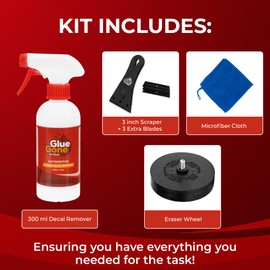 Glue Gone Decal Remover Kit - Includes 10-oz Adhesive Remover, Eraser Wheel, Microfiber Cloth, 3-inch Scraper with 3 Blades - Complete Set for Removing Decals, Stickers, & Adhesives from Cars & More