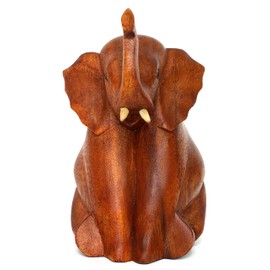 G6 Collection Wooden Hand Carved Sitting Elephant Statue Figurine Sculpture Art Decorative Rustic Home Decor Accent Handmade Handcrafted Decoration Wood Sitting Elephant