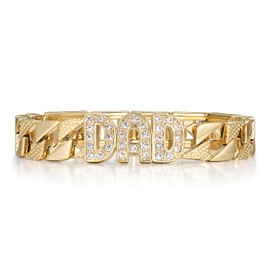 THE BLING KING 18mm Gold-Plated Dad Curb Bracelet with Stones, 8/9 Inch, Luxury Men's Jewellery Gift with Fold Over Clasp