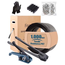 FoundGo PET Banding Strapping Kit for Heavy Duty Durable Pallet Packaging Strapping Tool with >1500lbs 5/8" x 1000' PET Strapping Roll & its own Pull-Out Box 100 Corner Protectors 300 Seals-Blue Gray