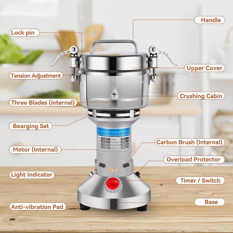 Electric Grain Mill Grinder - 2000W High-Speed 750g 304 Stainless