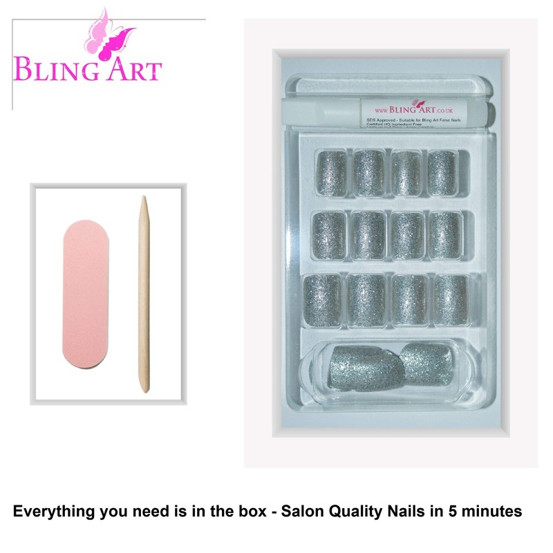 False Nails Bling Art Silver Gel French Squoval 24 Fake