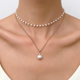 Inilbran Layered Pearl Choker Necklace Gold Pearl Necklace Choker Vintage Station Pearl Chain Necklace Multilayer Pearl Pendant Necklace Jewelry for Women and Girls