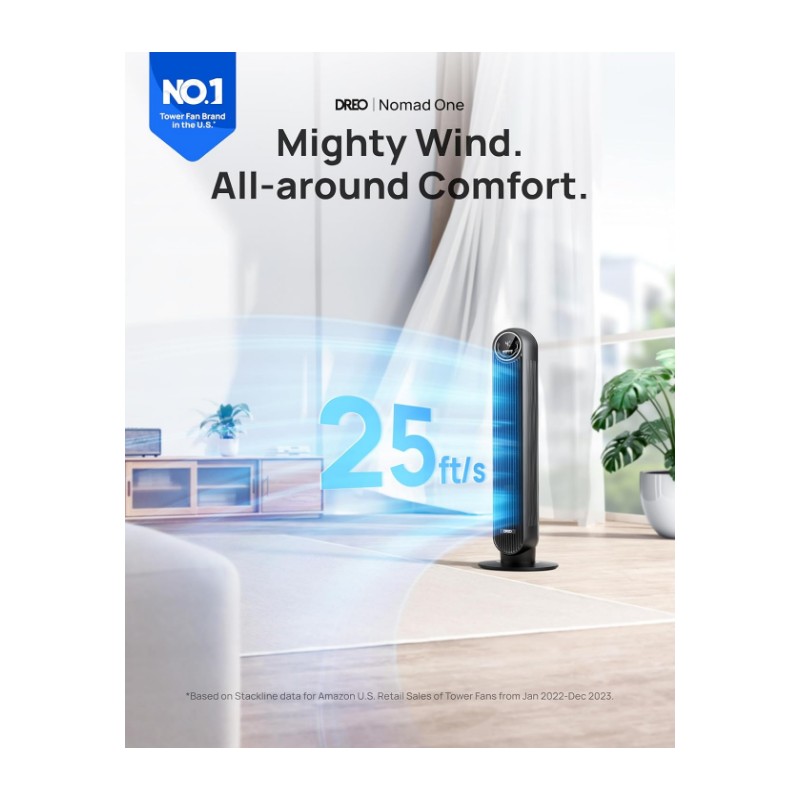 Dreo Tower Fan – Quiet Floor Fan,90° Oscillation, 4 Speeds,