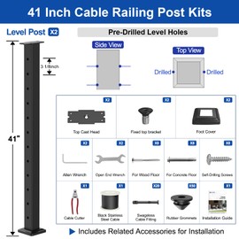 BLIKA Complete Set 42" Cable Railing Post Kit(Post 41"x2"x2"), Black Level Drilled Cable Railing Post, Swageless Deck Railing System Kit Include 2Pack Level Posts,1/8" Stainless Cable(No Handrail)