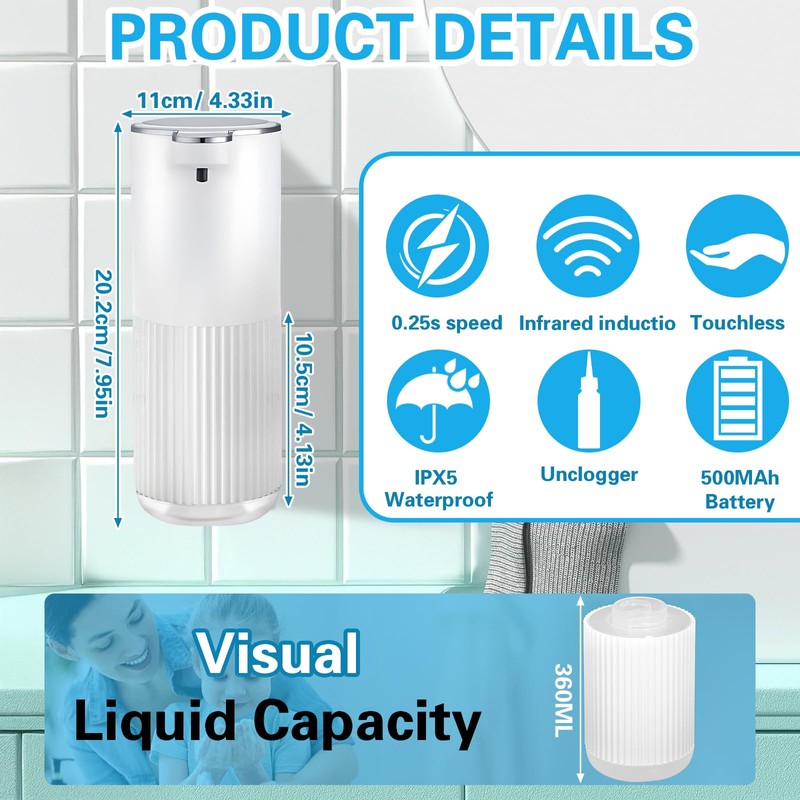 TEBOKHAD Automatic Soap Dispenser, 360 ml, Electric Soap Dispenser with
