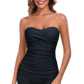 RELLECIGA Women's Black Ruched Bandeau Tankini Top Swimsuits Size X-Large