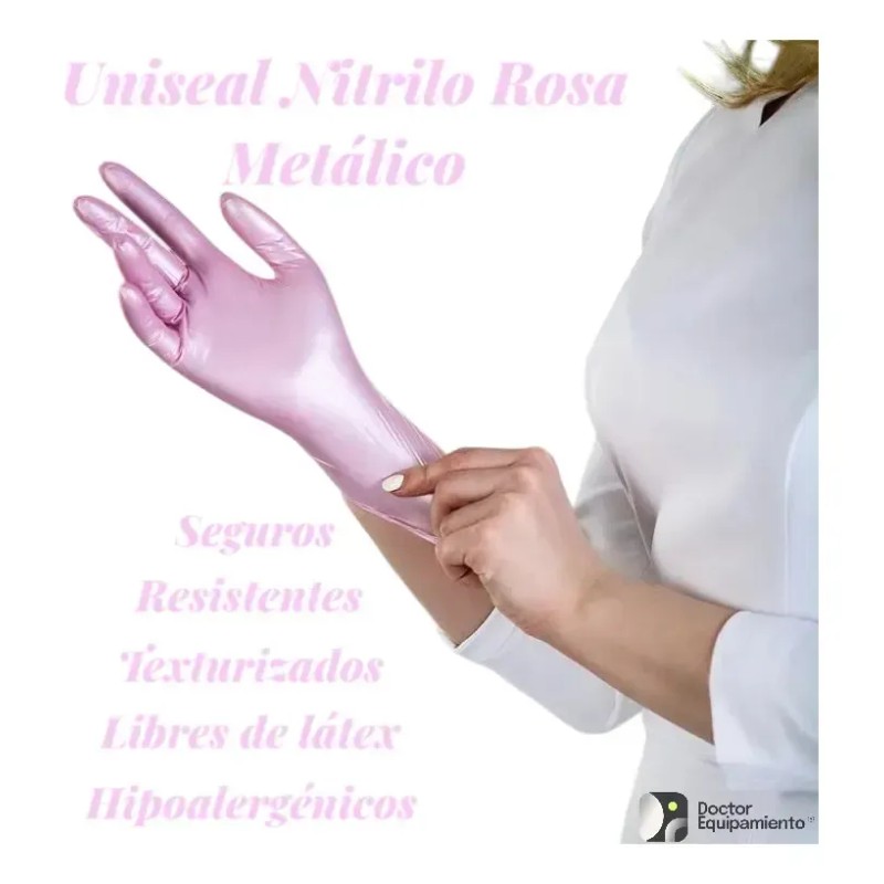 Guantes De Nitrilo Metálicos Uniseal Antideslizantes C/100pz Color Rosa Talla