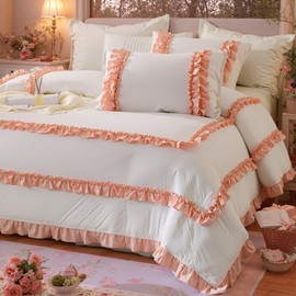 Bedorm White Pink Comforter Set Lace Ruffle Bedding King Pleated Fringe Ruffled Comforter Women Girls Romantic Country Bedding Comforter for All Season
