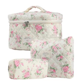 Rockreyoa Travel Cosmetic Bag Coquette Cosmetic Bag Made of Cotton Large Makeup Bag Organiser with Brush Compartment Kawaii Toiletry Bag Flowers Quilted Toiletry Bag Pink Flower 25 x 16 x 16 cm