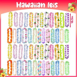 Totstio 50 Counts Hawaiian Leis Bulk for Luau Party Decorations Colorful Tropical Flower Leis for Adults Hawaiian Beach Luau Party Favors Decorations