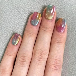 Cat Eye Press on Nails Medium Square Fake Nails with Colorful Gradient Designs Cute Nails Press ons Glossy Glue on Nails Pink Acrylic Nails Green False Nails Yellow Stick on Nails for Women 24Pcs