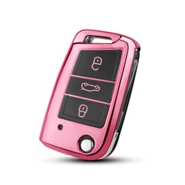 QBUC Car Key Case for VW, Key Case Cover for VW Golf 7 Polo Skoda TPU Key Box 3 Buttons Car Scratch-Resistant Key Cover (Pink)