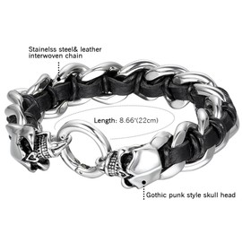 Cupimatch Men's Punk Rock Bracelet Gothic Elastic Silver Black Stainless Steel Twisted Cable Skull Bangle 25 cm, Stainless Steel