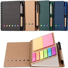 WILFANS 4 Packs Spiral Notebook Steno Pads Lined Notepad with Pen in Holder, Sticky Notes, Page Marker Colored Index Tabs Flags, 4.73"x5.9" Kraft Paper Cover Small Pocket Notebooks (4 Colors Brown/Blue/Green/Black 4 Packs)
