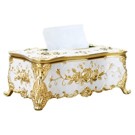 Charmoon Tissue Case, Flowers, Roses, Princess Series, Northern Europe, Gorgeous, Elegant, Stylish, Gold, Silver, Luxurious, Antique Tabletop (White + Gold)