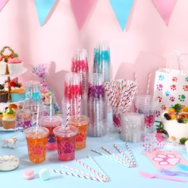 Mifoci 300 Pcs Colorful Dog Paw Plastic Cups Bulk with Flat Lids and Straws Set 12 oz Puppy Paw Plastic Cups Clear Drink Disposable Cups with Lids for Dog Puppy Paw Baby Shower Party Favors
