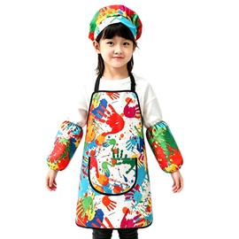 [VIBRIPRIYA] エプロン 子供用 キッズスモック 長袖 ポケット付き 防水アートエプロン 帽子 袖カバー付き4点セット男の子 女の子 小学生 給食 美術 絵画 汚れ防止 (ミディアムサイズ)