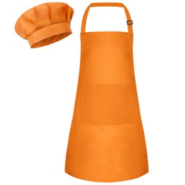 Bouiexye 1 Set Kids Apron and Chef Hat Set Children Apron Adjustable with 2 Pockets Children Chef Painting for Cooking Baking Painting Crafts Making (OrongeColor)