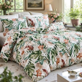 Green Palm Queen Bedding 100% Cotton Duvet Cover Set Breathable Soft Bed Set Aesthetic 3 Pcs Botanical Leaf Comforter Covers