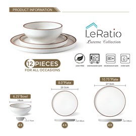 LERATIO Ceramic Dinnerware Sets of 4, High Edge Stoneware Plates and Bowls Set, Chip and Crack Resistant | Oven & Dishwasher & Microwave Safe Dishes Set, Service for 4 - Matte Coffee Rim (12 PCS)