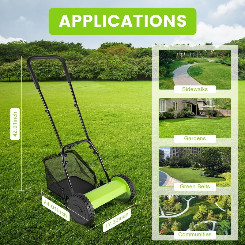 RustyVioum 12-Inch Push Lawn Mower, 5-Blade Dual Wheel Reel Lawn