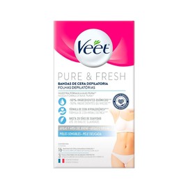 Veet Pure & Fresh, Bandas de Cera Depilatoria, Axilas y Bikini, Piel Sensible, 16 piezas