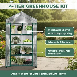 4 Tier Mini Greenhouse - Portable Greenhouse with Locking Wheels and PVC Cover for Indoor or Outdoor - 27 x 19 x 63-Inch Green House by Home-Complete