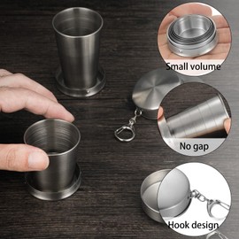 Reallnaive 10 Pieces Collapsible Shot Glasses Stainless Steel Collapsible Cup Reusable Portable Travel Folding Cup with Lid and Keychain for Camping Hiking Cycling(8.5 oz)
