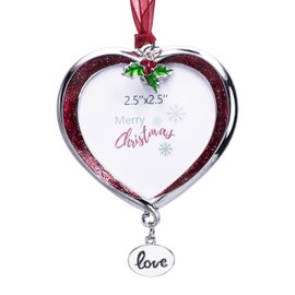 Mulumu Christmas Tree Ornament Picture Frame Metal Hanging Pendant Holiday 2.5" Photo Frame Charm Decorative of Pets, Baby First Christmas, Family (Love Red)