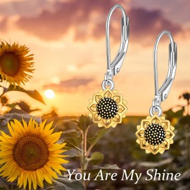 POPLYKE Sunflower Earrings Dangle Hypoallergenic S925 Sterling Silver Sunflower Leverback Earrings for Women