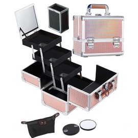 Makeup Box with Drawer, Waterproof Travel Train Case, Cosmetic Organizer and Makeup Suitcase ，Multi Compartments Beauty Box and Shoulder Strap (Pink)