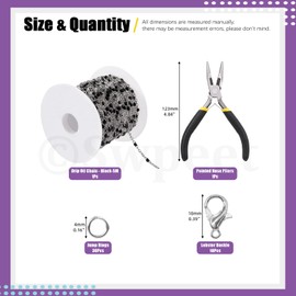 Swpeet 42Pcs 16 Ft/5M Silver Jewelry Chain 304 Stainless Steel Soldered Black Beaded Link Cable Chain Necklace Bulk with 10 Lobster Clasps, 30 Jump Rings, 4'' Pointed Nose Pliers for Jewelry Making