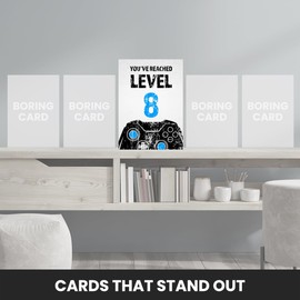 Gamer 8th Birthday Card for Boy - Black & Blue Reached Level 8 Bday Cards for Son, Great Grandson, Nephew or Brother. Gaming Happy Birthday Card for 8 Year Old