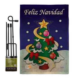 Breeze Decor GS114071S-DB Felíz Navidad Burlap Winter Christmas Impressions Decorative Vertical 13" x 18.5" Double Sided Garden Flag Set Metal Pole Hardware