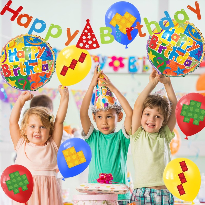 32" Building Block Balloons Number Balloons with Banner Birthday Party
