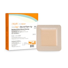 Bordered Silver Silicone Ag Sterile Highly Absorbent Antibacterial Dressing, 4"x 4" (2.5"x 2.5" Pad), 10 Pack