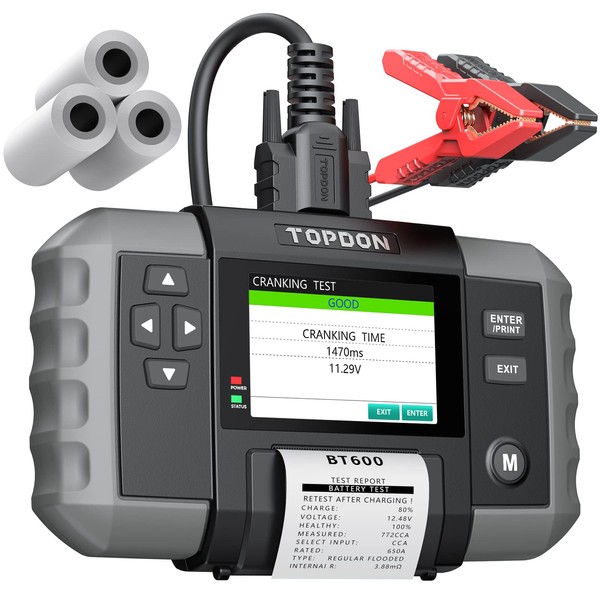 Car Battery Tester, TOPDON BT600 12V , 12V/24V Cranking Tests and Charging Alternator Load 100-2000CCA Digital Battery Voltage Tester, 3.5" Screen with Built-in Printer