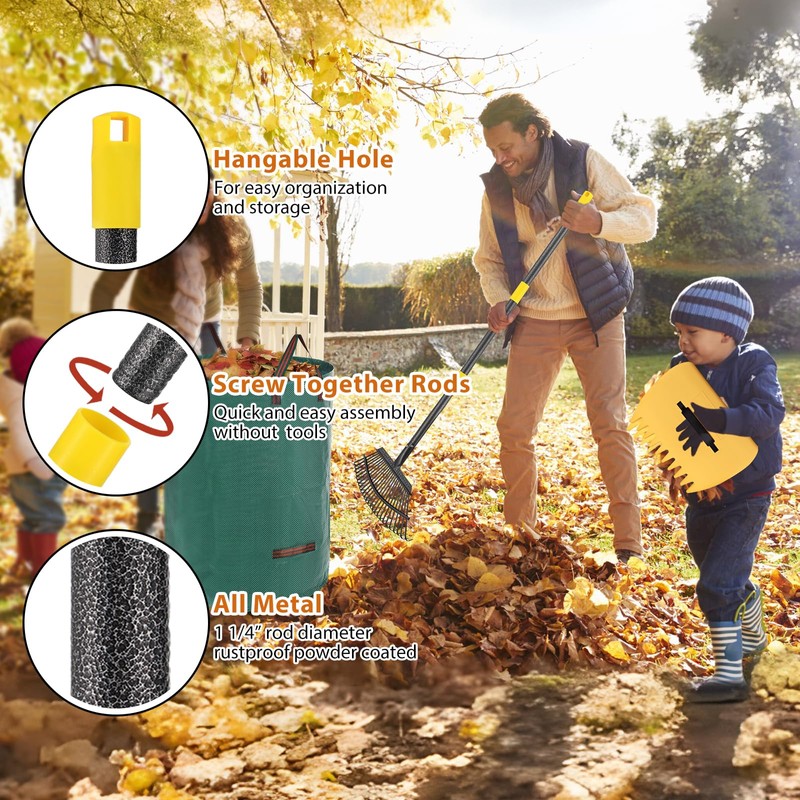 Rake for Leaves: Large 18" Wide Metal Leaf Rake, 65”