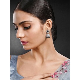 Aheli Silver Plated Cubic Zirconia Black Crystal & Beads Studded Jhumki Earrings Jewelry for Women